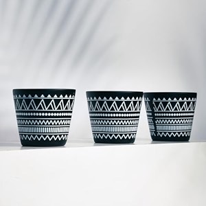 trustbasket black and white hand printed terracotta clay pot set of 3  small clay flower pots with artistic motifs  mud plant container  gamla for plants  clay pots for plants  indoor outdoor use