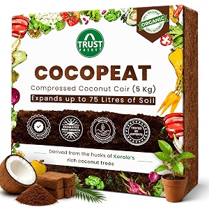 trustbasket premium cocopeat 5kg expands upto 75 litres  kerala coconut husk  superior water retention  organic coco coir for plants  expandable cocopeat block outdoor gardening