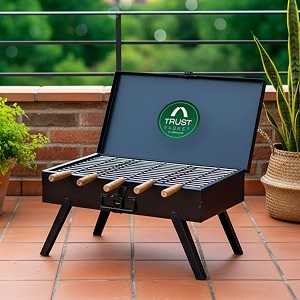 trustbasket blaze barbeque grill set for home large size 18 inch metal  heat resistant coating anti rust with 5 skewers amp removable charcoal tray for easy cleaning  portable bbq grill set for home
