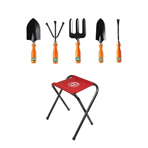 trustbasket gardening tools kit for home garden with stool  5 in 1 garden tools for home gardening set - cultivator big amp small trowel weeder fork  gardening tools kit for outdoor gardening use