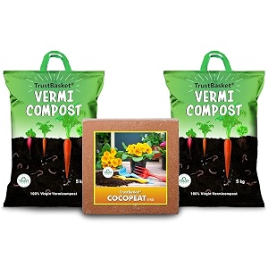 trustbasket organic manure combo of vermicompost 10kg and cocopeat 5kg for all type plants green powder