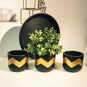trustbasket terra craze small clay flower pots set of 3  black amp gold terracotta clay flower pot  mud plant container  handmade pots  gamla for plants  clay pots for plants  indoor outdoor use