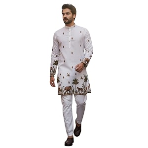 Trustous Mens White Printed Kurta Stylish
