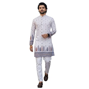 Trustous Mens White Printed Kurta Stylish