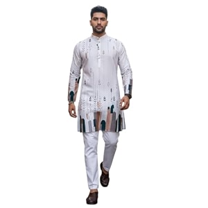Trustous Mens White Printed Kurta Stylish
