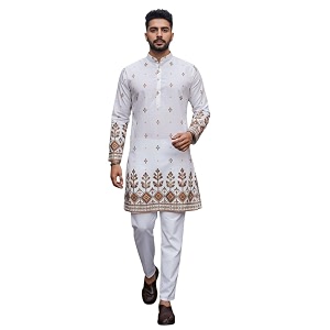 Trustous Mens White Printed Kurta Stylish