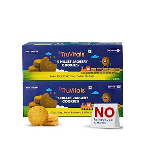 truvitals assorted 5 millet jaggery cookies 32 biscuits  made with power of 5 millets -bajra ragi kodo barnyard amp little millet  no added sugar  100 jaggery  no maida  2 packs x 160 g
