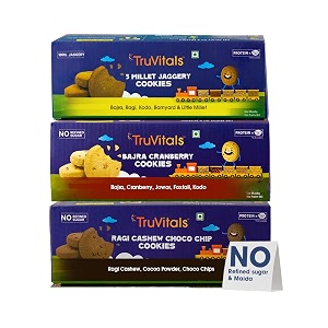 truvitals assorted millet cookies 48 biscuits  5 millet jaggery cookies  bajra cranberry  ragi cashew choco chip cookies combo  no maida no refined sugar amp no artificial flavours