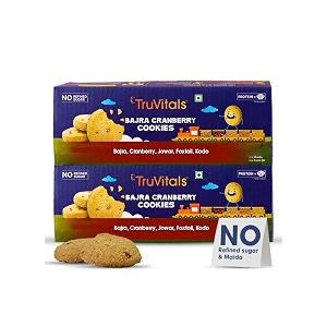 truvitals bajra cranberry cookies 32 biscuits  made with 100 natural ingredients bajra cranberry kodo foxtail amp jowar  no refined sugar  no maida  2 packs x 160 g