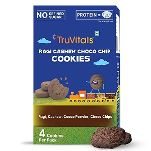 truvitals ragi cashew choco chip cookies trial pack  made with 100 natural ingredients ragi cashew choco chip choco powder  no added sugar  100 jaggery  no maida  4 pieces