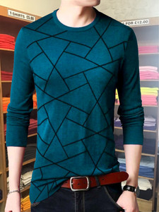 try this geometric print men round neck blue t-shirt