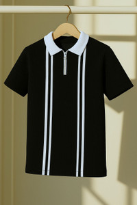 Try This Striped Men Polo Neck Black