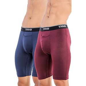 tryb mens pro-compression shorts sports underwear  stretchable long trunks for running amp gym  quick dry moisture wicking muscle support  antibacterial eco-friendly fabric -navy-maroon-xxl