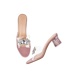 TRYME Embellished Front Studded Buckle Block Heels