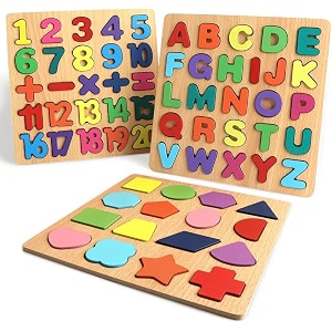 ts with techsun wooden puzzles for toddlers for kids preschool learning toys montessori toddler alphabet number shape puzzles for kids 2-4 years old 3 set wooden puzzle