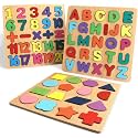 TS WITH TECHSUN Wooden Puzzles for Toddlers for Kids Preschool Learning Toys, Montessori Toddler Alphabet, Number, Shape Puzzles for Kids 2-4 Years Old (3 Set Wooden Puzzle)