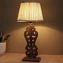 tu casa Mangowood Rustic Brown French Table Lamp for Home Decoration, Bedroom, Living Room, Lounge, Office, Festival Gifting, Study Table (Off White with Satin Shade) H - 21" / No Blub