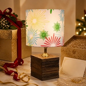 tu casa bedside table lamp wooden base floral shade warm light 1234