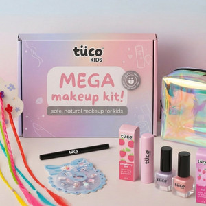 tuco kids mega makeup kit  safe organic makeup for girls  lip balm kajal nail paint press-on nails colored hair extensionpouch