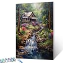 Tucocoo Forest Waterfall Paint by Numbers Kits 16x20 inch Canvas DIY Oil Painting for Adults with Brushes and Acrylic Pigment-Rustic Wood Cabin Trees Landscape Picture for Home Decor (Without Frame)