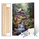Tucocoo Forest Waterfall Paint by Numbers Kits with Brushes and Acrylic Pigment on Canvas Painting for Adults, Rustic Wood Cabin Trees Landscape Picture for Home Decor Gifts 16''x20'' (DIY Framed)