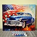 Tucocoo Retro Car Paint by Numbers Kits 16x20 inch Canvas DIY Digital Oil Painting for Adults with Brushes and Acrylic Pigment - American Flag Romantic Flower Pictures for Home Decor (Without Frame)