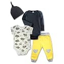 TuddyBuddy 100% Cotton Clothing Set for Baby Boy - Combo of 2 Onesie/Romper, 1 Pyjama &amp; 1 Cap, 4 pcs - Black &amp; Yellow (9-12 Months, 1 Year Baby Boyl)