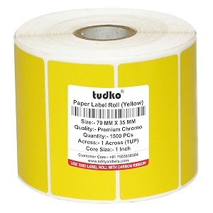 tudko 70x35 mm chromo self adhesive barcode paper label sticker roll - pack of 1 roll - 500 labels in a roll yellow