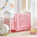 Tufted Ruffle Crib Bedding Set 3 Pieces Baby Boho Quilted Comforter with Fitted Sheet and Bed Skirt - Cute Ruffled Shabby Chic Baby Bedding Soft Blanket Design Pink