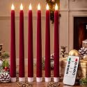 Tujoe 6 Pcs Christmas Burgundy Velvet Flameless Taper Candles with Remote