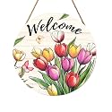 Tulip Welcome Sign for Front Door Decor Spring Flower Wall Hanging Sign Summer Decorations Floral Wooden Wreath Farmhouse Door Hanger Sign for Spring Summer Party Indoor Outdoor Decor 12 Inch