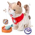 TUMAMA Walking Toy Cat with Remote Control Leash, Plush Cat Electronic Interactive Toys for Kids, Shake Tail, Licking, Pretend Dress Up Realistic Stuffed Animal Cat Age 2 3 4 5 6+ Years Old Best Gift