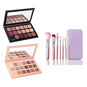 nude and rose gold eyeshadow palette combo shimmery finish with 7 pink makeup brushes set - pack of 9