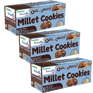 tummy friendly oats chocolate millet cookies for kids adults millet biscuits made of ragi jaggery healthy snacks for kids babies 1 year old gift best healthy cookies oats - 3 x75g