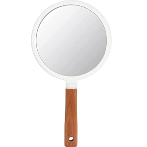 handheld aesthetic mirror round  portable travel ready compact mirror with wooden handle  cute makeup amp shaving mirror for men amp women  vanity mirror for home amp travel use