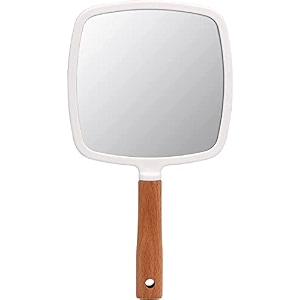 handheld aesthetic mirror - square design  portable travel compact mirror with wooden handle for makeup shaving and grooming  cute hand mirror for men amp women vanity use
