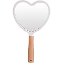 Handheld Aesthetic Mirror - Heart Design | Portable Travel Hand Mirror with Wooden Handle | Compact Makeup &amp; Shaving Mirror for Men &amp; Women | Vanity &amp; Dressing Beauty Mirror