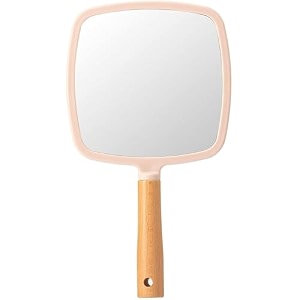 wooden hand mirror - pink square  vintage portable bathroom mirror for makeup kit vanity and dressing  hand held beauty salon mirror for grooming and personal care