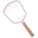 Wooden Hand Mirror - Vintage Fan Design | Portable Makeup Mirror for Vanity & Beauty Kit | Compact Handheld Mirror for Dressing, Salon, Travel & Daily Personal Care (Pink)