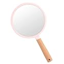 Wooden Hand Mirror - Pink Round | Vintage Portable Handheld Makeup Mirror | Compact Vanity Mirror for Dressing, Beauty Salon & Travel | Lightweight Wooden Handle Mirror for Women