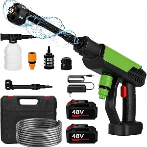 turbowash cordless portable 48v wireless pressure washer gun -12000mah high pressure water gun for car and bike wash adjustable 6 in 1 nozzle 5m hose pipe double battery included old green