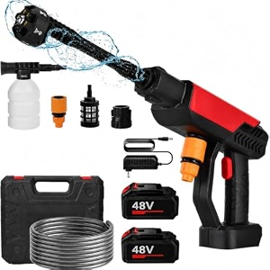 turbowash cordless portable 48v wireless pressure washer gun -12000mah high pressure water gun for car and bike wash adjustable 6 in 1 nozzle 5m hose pipe double battery included red