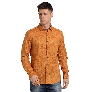 Turtle Men Mustard Cotton Printed Slim Fit