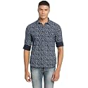 Turtle Men Navy Blue Khadi Printed Slim