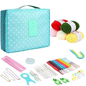 tusmad 59-piece crochet needle kit for beginners  ergonomic crochet hooks travel bag complete crochet set with tools amp accessories for adults and kids  sky blue crochet kit