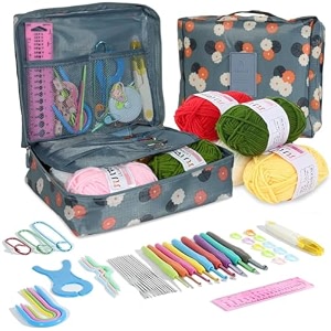 tusmad crochet set for beginners adults  107 pcs starter crochet amp knitting kit with yarn hooks stitch markers amp accessories complete crochet set in blue flower storage bag