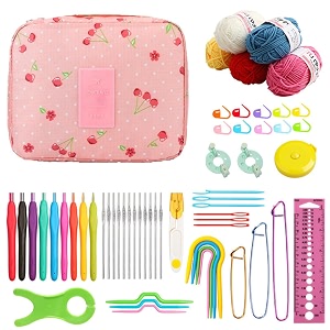 tusmad crochet set knitting needle kit 107 pcs starter kit for beginners ergonomic crochet hooks travel bagfor beginners adults or kids crochet kits include yarn with crochet hooks stitch markers amp accessories cherry pink color storage bag 