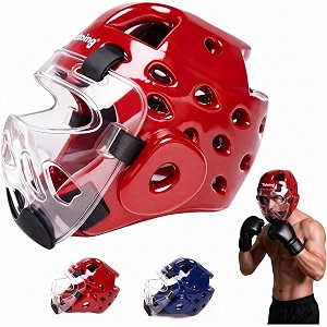 kids adults taekwondo karate sparring headgear with removable face shield martial arts mma soft helmet for traning kickboxing muay thai boxing taekwondo sparring gear large red