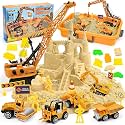 TUZT Kids Construction Sensory Bin Play Sand Kit Toys for Toddlers, Sandbox with 3.1lbs Sand & Large Tower Crane & 5 Trucks & 13 Signs & 14 Molds, Birthday for Toddler Boy 3-8 Years Old