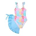Tween Girl Leopard/Floral Print One Piece Swimsuit with Ruffle Trim & Cover Up Skirt 2 Piece Swimwear Set
